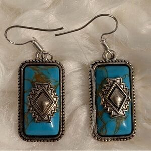 Turquoise and Vintage Silver Rectangular Earrings